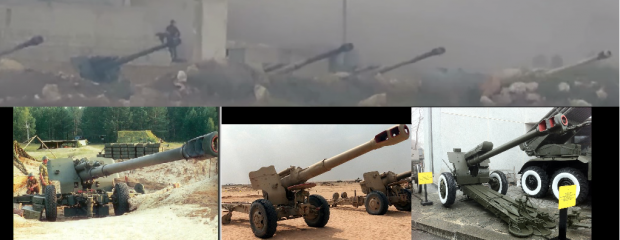 Вверху: кадр с видео применения ПТУРа; внизу слева: гаубица «Мста-Б»; внизу в центре: гаубица «Д-20»; внизу справа: гаубица «Д-30»