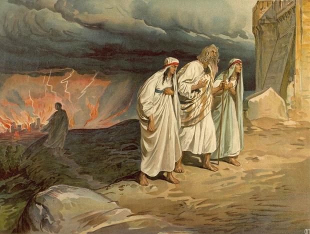 Загибель Содому і Гоморри. Праведний Лот з дочками тікає за словом Божим