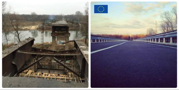 Міст в Сєвєродонецьку. 2014 і 2016 роки. Фото: Твіттер.