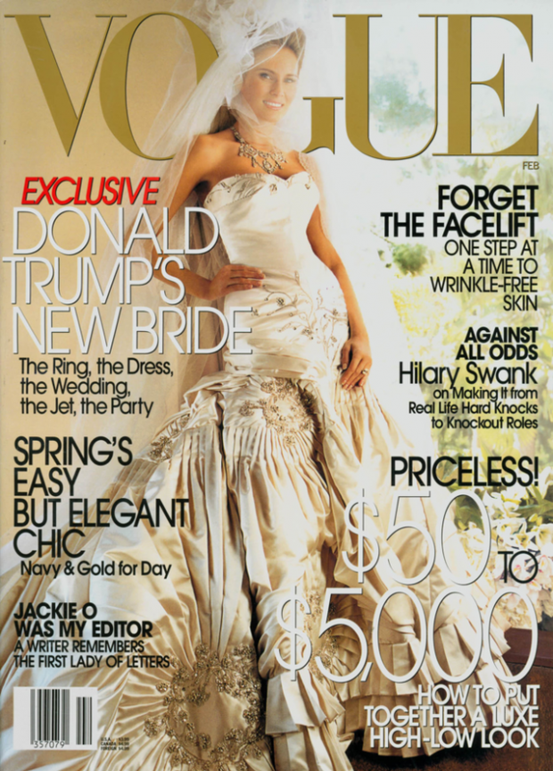 Мелания Трамп на обложке февральского номера журнала Vogue за 2000 год в свадебном платье за 100 тысяч долларов (платье было настолько тяжелым, что модель соблюдала специальную питательную диету, чтобы быть в силах дойти в нем до алтаря)  Фото: Splash News / Vida Press