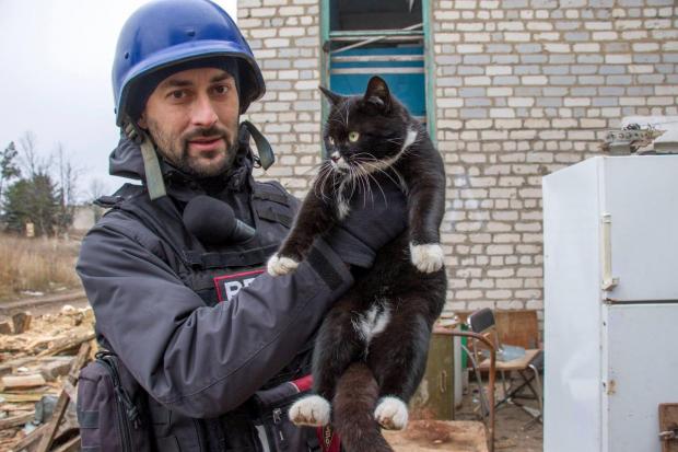 Український журналіст тримає врятованого українськими солдатами пухнастиків в Широкино. 17 листопада, до речі, День захисту чорних котів