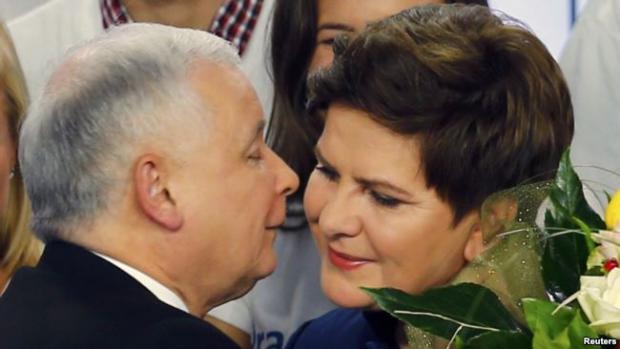 Лідер польської партії «Право і справедливість» Ярослав Качинський цілує тодішнього кандидата на посаду прем’єр-міністра Беату Шидло після оголошення результатів парламентських виборів у Польщі. Варшава, 25 жовтня 2015 року