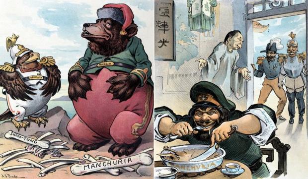 Зліва: німецький орел і російський ведмідь відпочивають після трапези в Китаї. Справа: "Хто перший прийшов - той перший обслуговується". Росія їсть з миски з написом "Маньчжурія" в китайському ресторані, 13 травня 1903 року Фото: Warspot/Puck