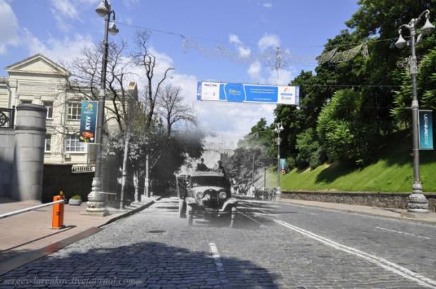 1941 року. Вулиця Грушевського (ліворуч від місця зйомки - Кабмін), німецькі частини рухаються на Печерськ