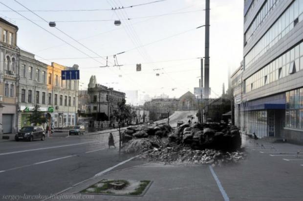 1941 рік. Нинішня вулиця Петлюри. Барикада на під'їзді до залізничного вокзалу "Київ-Пасажирський"