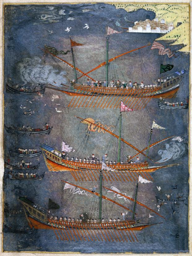 Казаки на чайках атакуют турецкие галеры. 1636 г.