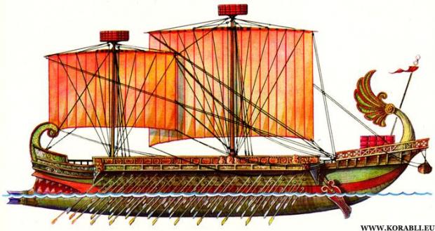 Квінкерема. У часи Юлія Цезаря римський флот мав багатопалубні бойові кораблі, котрі перевершували за розмірами судна першої експедиції Колумба