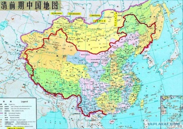 На карті 18 сторіччя Сахалін позначений як територія Китаю. Червоним - сучасний держкордон КНР