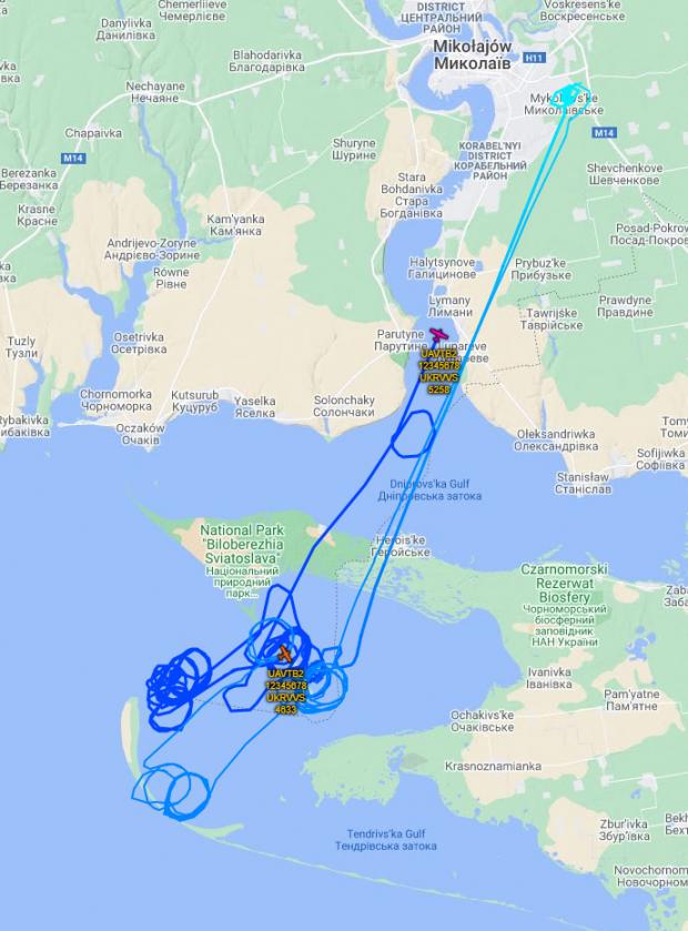 Маршрути польоту українських Bayraktar TB2 на Тендрівській косі 26 березня 2021 року