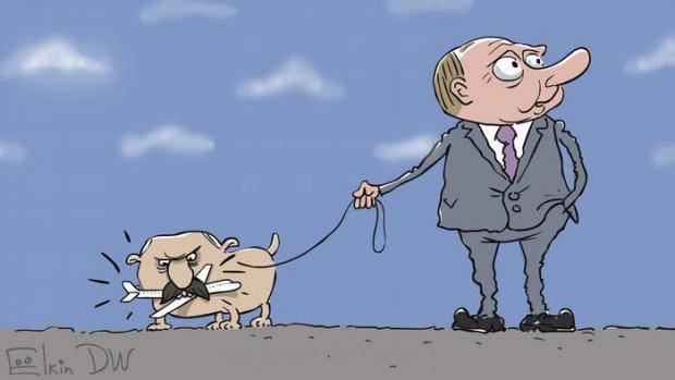 Путин держит на поводке пса Лукашенко, который держит в зубах самолет Ryanair с Романом Протасевичем на борту - карикатура Сергея Елкина