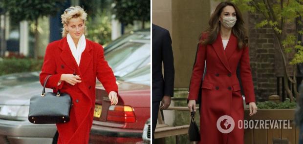 Принцеса Діана і Кейт Міддлтон в червоних пальто і білих блузах