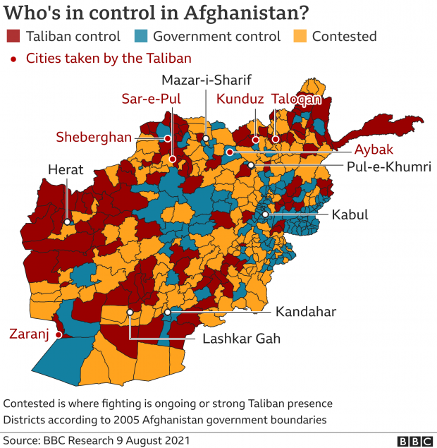 Map showing areas which are contested, under full Taliban or under government control, updated 9 August 2021