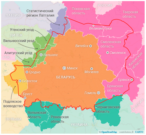 Етнічні землі повністю або частково пов'язані з Білоруссю, червона лінія