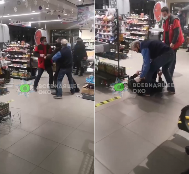 У супермаркеті Києва охоронці побилися з відвідувачем через маску: відео інциденту