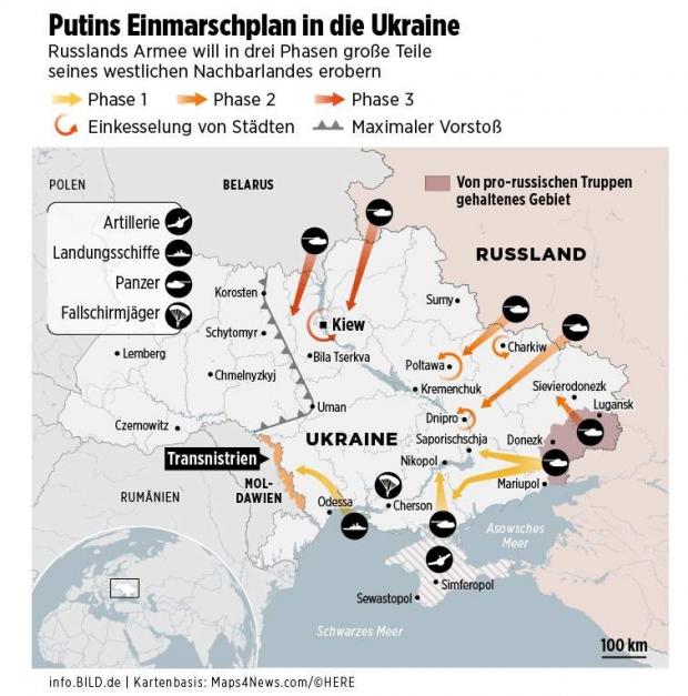 Напрямки потенційної атаки Росії на Україну / Карта BILD