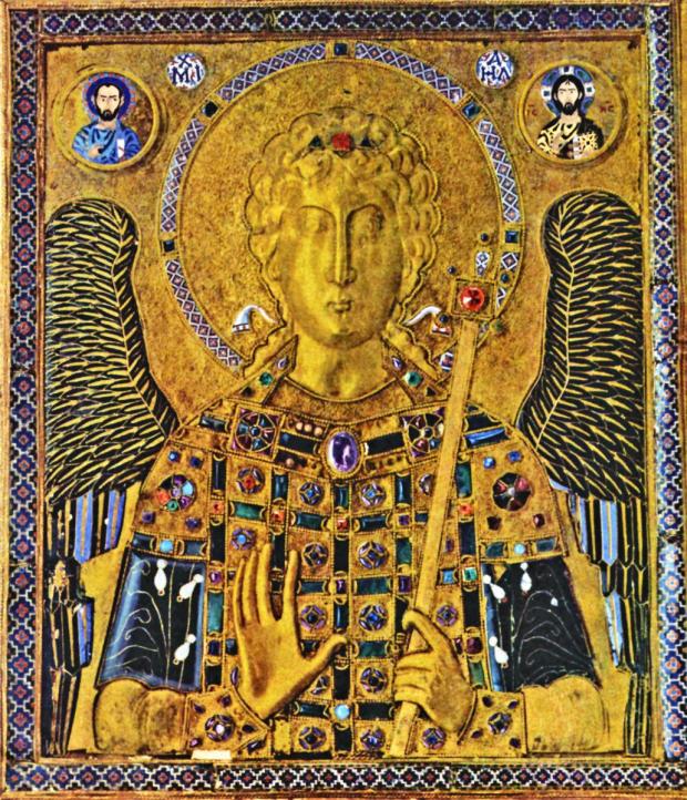 Єдина золота візантійська ікона XI століття, що збереглася. Німб архангела Михайла та контур ікони прикрашені накладками з перегородчастою емаллю