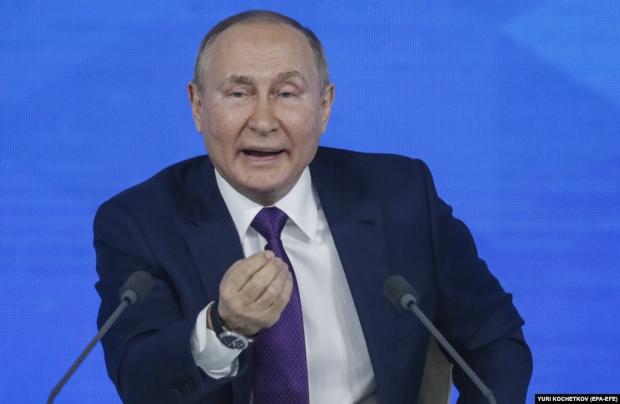 Президент Росії Володимир Путін під час підсумкової пресконференції. Москва, 23 грудня 2021 року