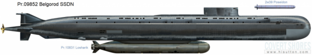 Підводний човен «Белгород» з закріпленим до її корпусу «Лошариком»