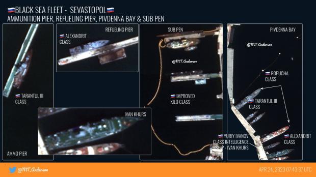 Рашистські кораблі, зокрема "Иван Хурс" в Південній бухті тимчасово окупованого Севастополя, 24 квітня 2023 року, джерело – MT Anderson