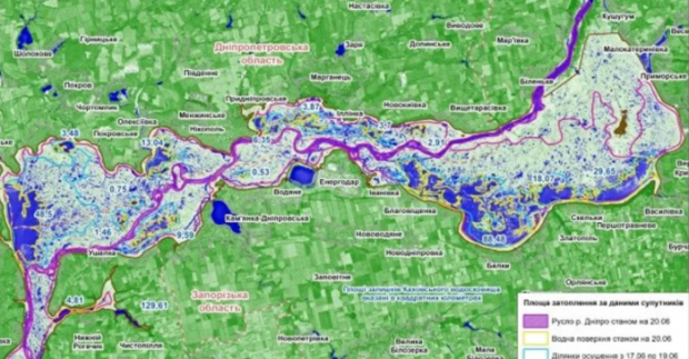 Карта НАН України. Русло Дніпра, що утворилося на місці Каховського водосховища на 20 червня 2023 року