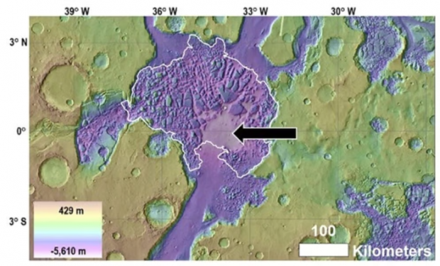 Вид з супутника на Hydraotes Chaos. У центрі грязьове озеро. Фото: NASA