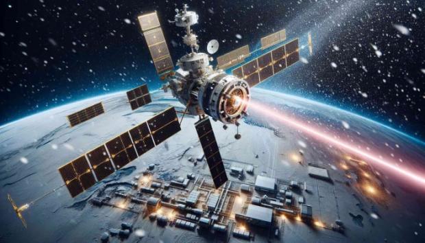 Супутник у космосі посилає лазерне повідомлення. Фото: freepik.com
