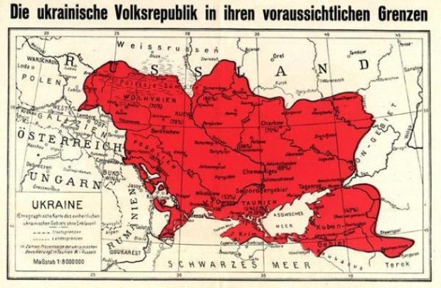 Карта України 1918 року без спірних територій з росією, де частка українського населення складала не значно більше 50 відсотків 