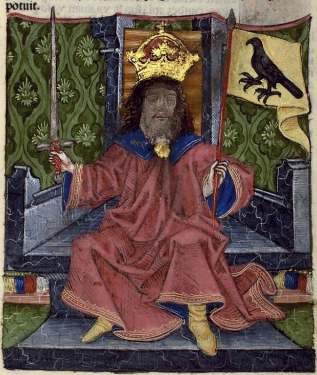Середньовічна угорська мініатюра із зображенням володаря гунів, Аттіли у лівій руці якого штандарт із зображенням галки