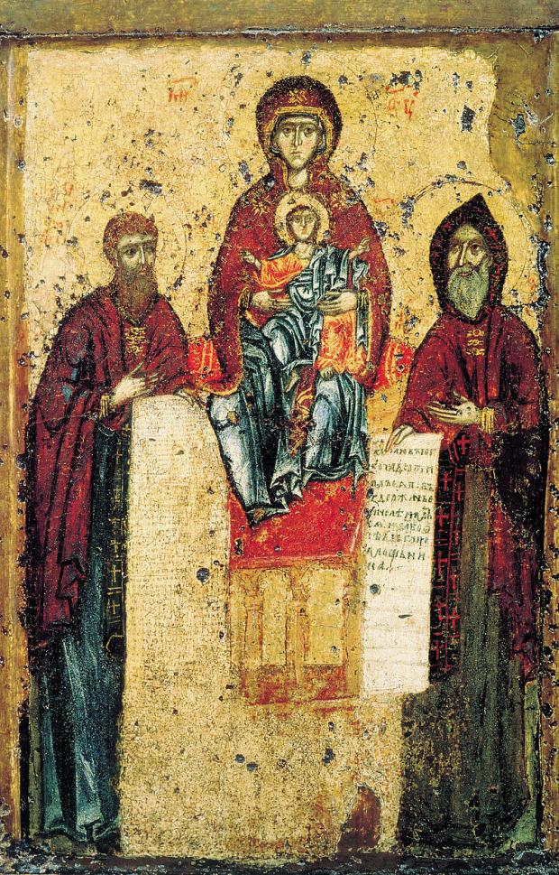 Свенська ікона Богоматері з Антонієм (справа) та Феодосієм (зліва). Можливо написана Оліпієм Печерським за життя засновників Києво-Печерської лаври