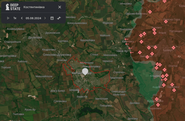 Майор запасу ЗСУ розповів про ситуацію навколо Костянтинівки. Фото: DeepStateMAP