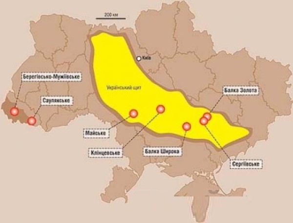 Український щит та розвідані золотоносні родовища