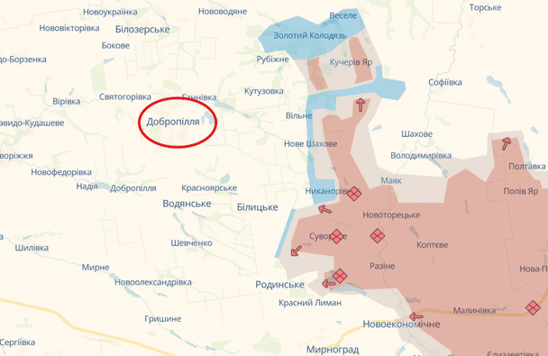 Мапа DeepState від 15 серпня. Синім кольором позначено відвойовані українцями території, в ході останніх контратак