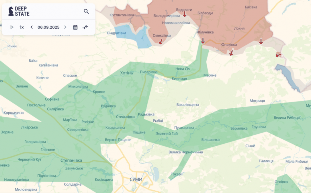 Від Басівки до Сум трохи більше 35 кілометрів по прямій. Мапа DeepStateMAP