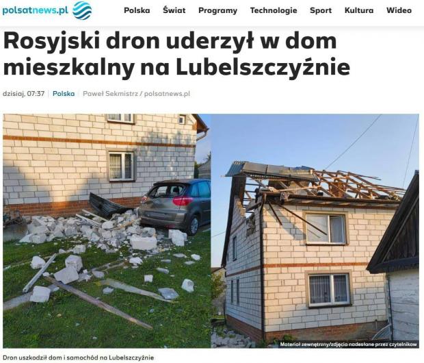 Польські мережі стверджують, що цей будинок у Люблянському воєводстві постраждав від російського дрону