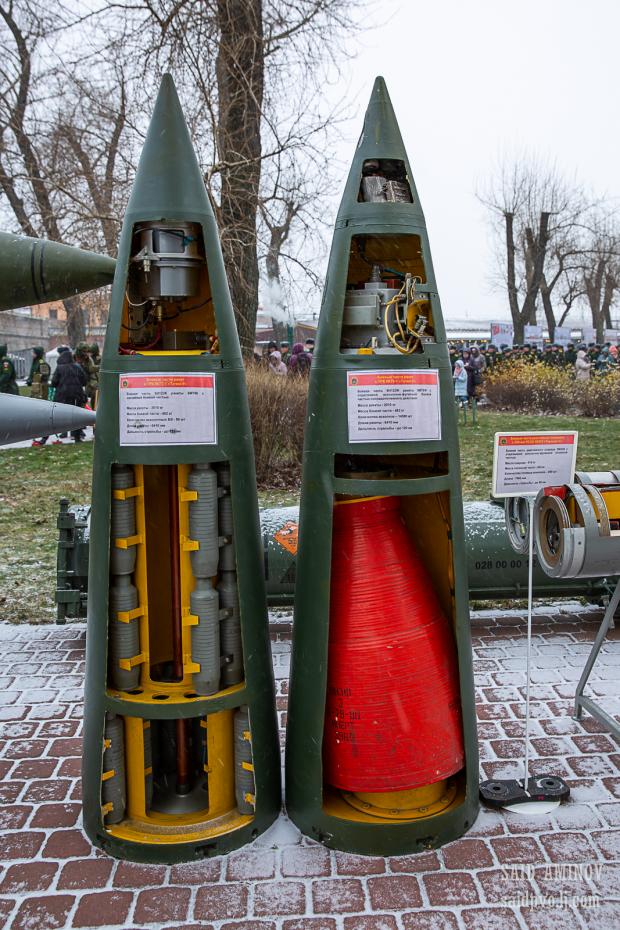 Касетна головна частина 9Н123К та уламково-фугасна 9Н123Ф в розрізі