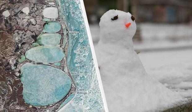 Фігура, схожа на сніговика, насправді виявилася ланцюгом замерзлих лагун, утворених природними геологічними процесами. Колаж УНІАН, фото Pixabay, NASA