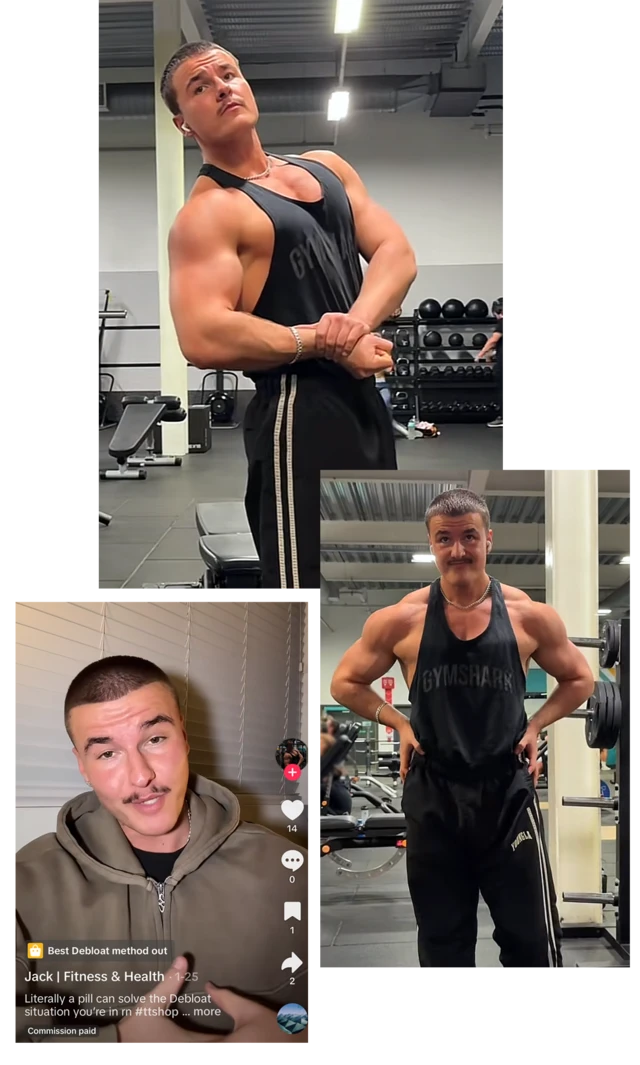 Є три фотографії Джека Саргінсона, який тренується в спортзалі і розмовляє на камеру.