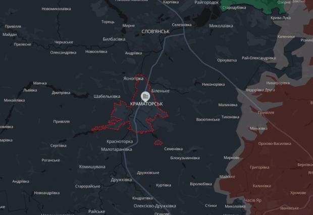 Місто Краматорськ Донецької області на мапі аналітичного проєкту DeepState 5 травня 2026 року. Скрін з мапи аналітичного проєкту DeepState