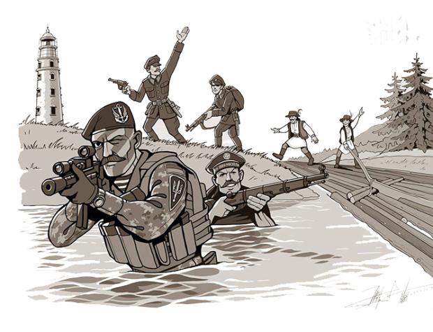 Сучасні українські морські піхотинці зі зброєю долають воду, а позаду них діють вояки доби УНР. На дальньому плані гуцульські бокораші керують плотом біля лісу та маяка.
