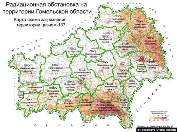 Карта радіаційної ситуації в Гомельській області, Білорусь
